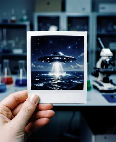 Hand Holding Polaroid Photo Of UFO Over Ocean