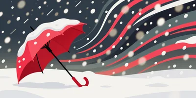 Red Umbrella Standing In Snowy Winter Landscape