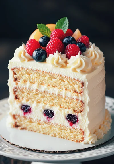 Slice Of Layered Vanilla Cake With Fresh Berries