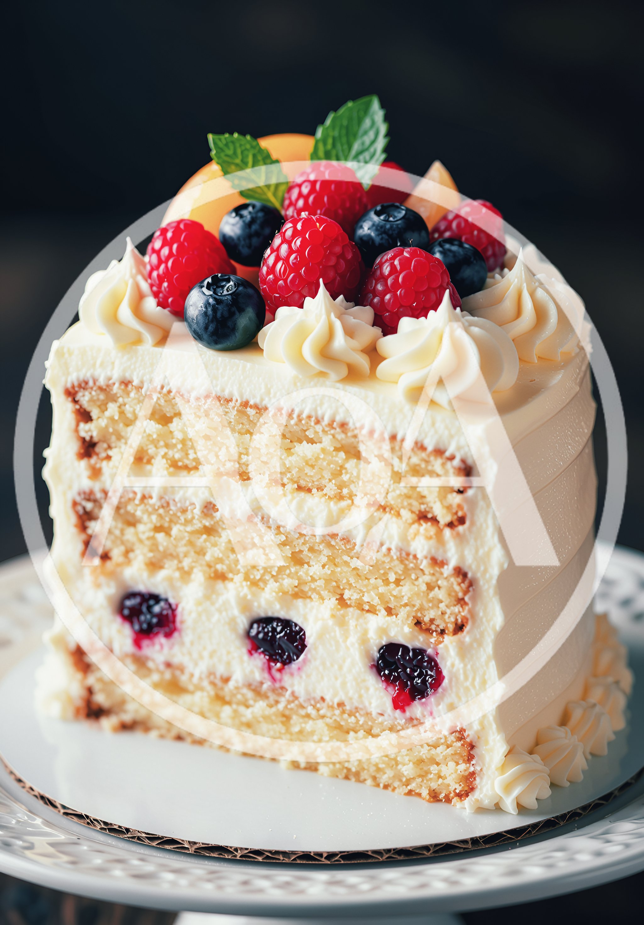 Slice Of Layered Vanilla Cake With Fresh Berries