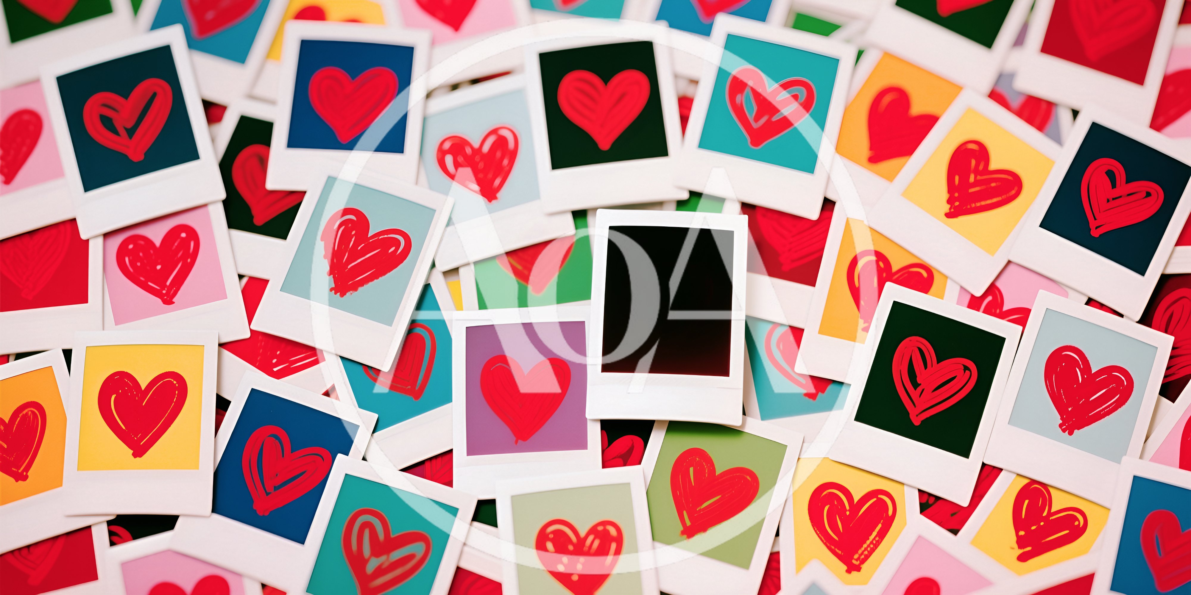 Collection of Colorful Polaroid Photos with Hand-Drawn Hearts