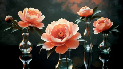 Four Peach Peonies in Glass Vases