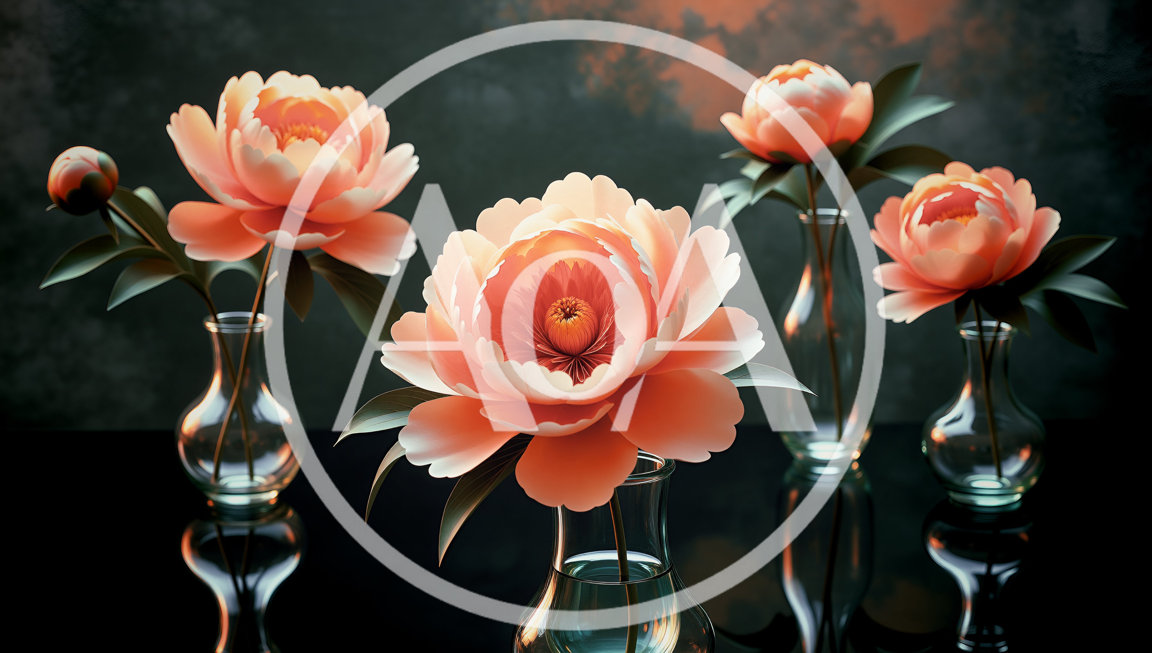 Four Peach Peonies in Glass Vases