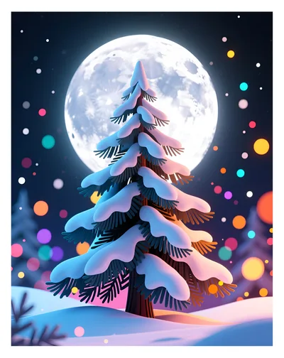 Snow Covered Pine Tree Under Full Moon
