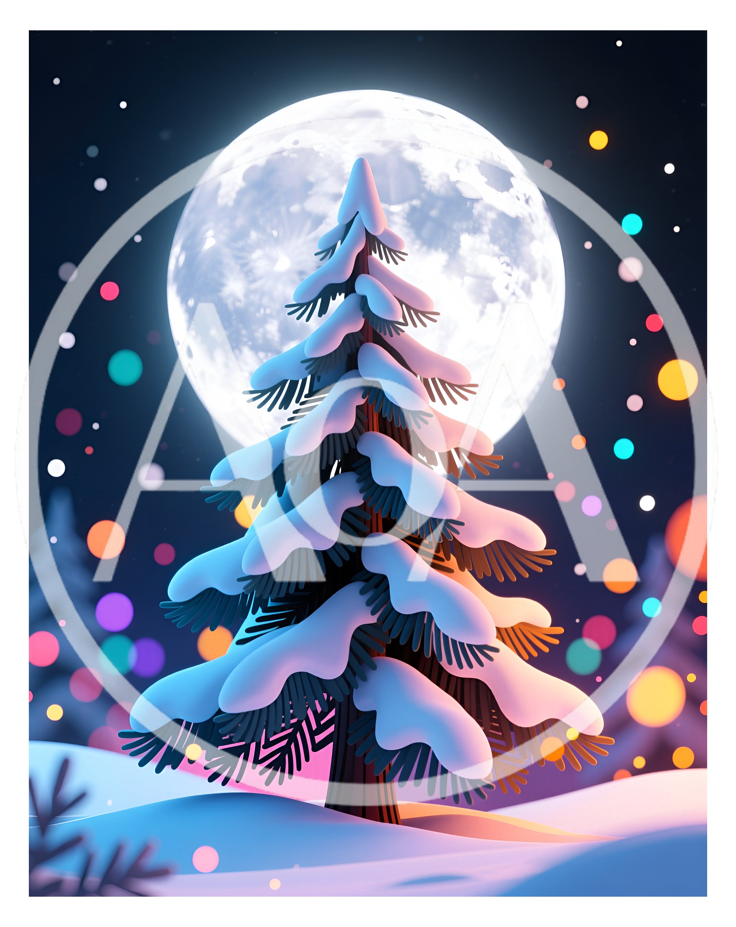 Snow Covered Pine Tree Under Full Moon