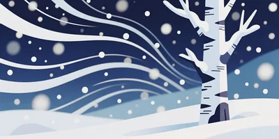 Stylized Winter Landscape With Birch Tree And Snowfall