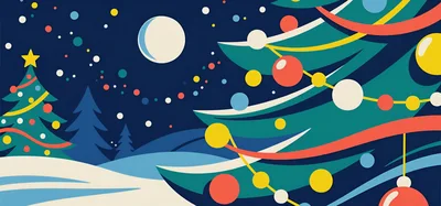 Stylized Christmas Tree Illustration With Moon And Snow