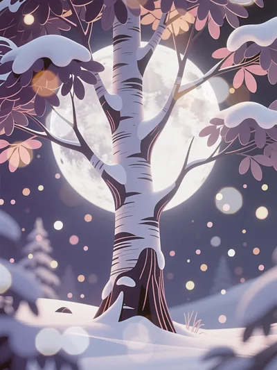 Birch Tree Under A Full Moon In  A Snowy Winter Night