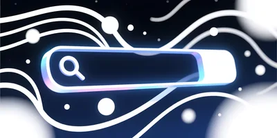 3D Glowing Search Bar With Abstract Flowing Lines