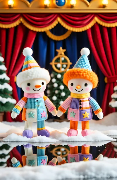 Two Knitted Snowman Dolls Standing On A Stage