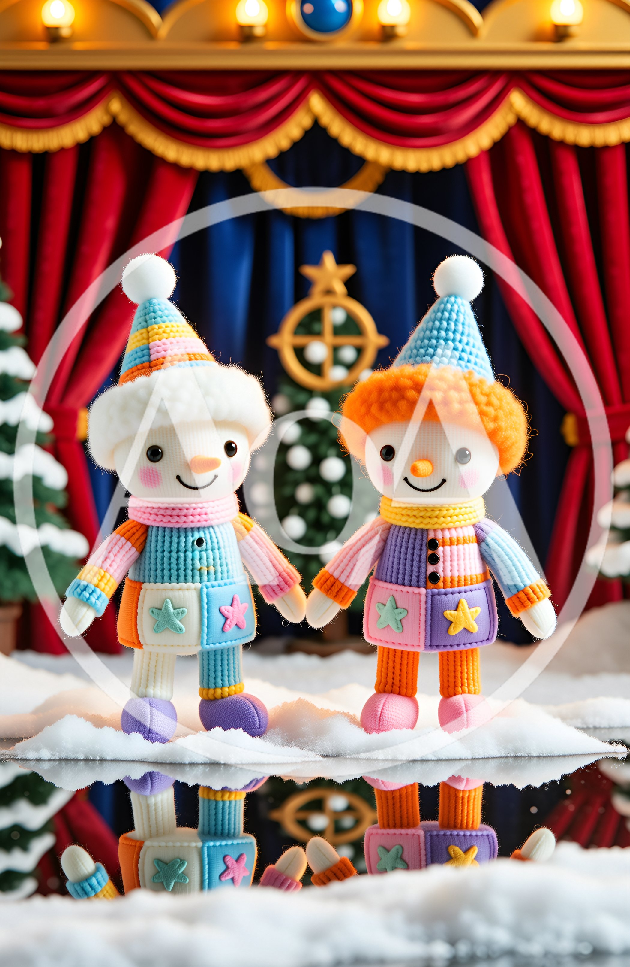 Two Knitted Snowman Dolls Standing On A Stage