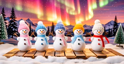 Five Cute Snowmen Standing on a Wooden Platform