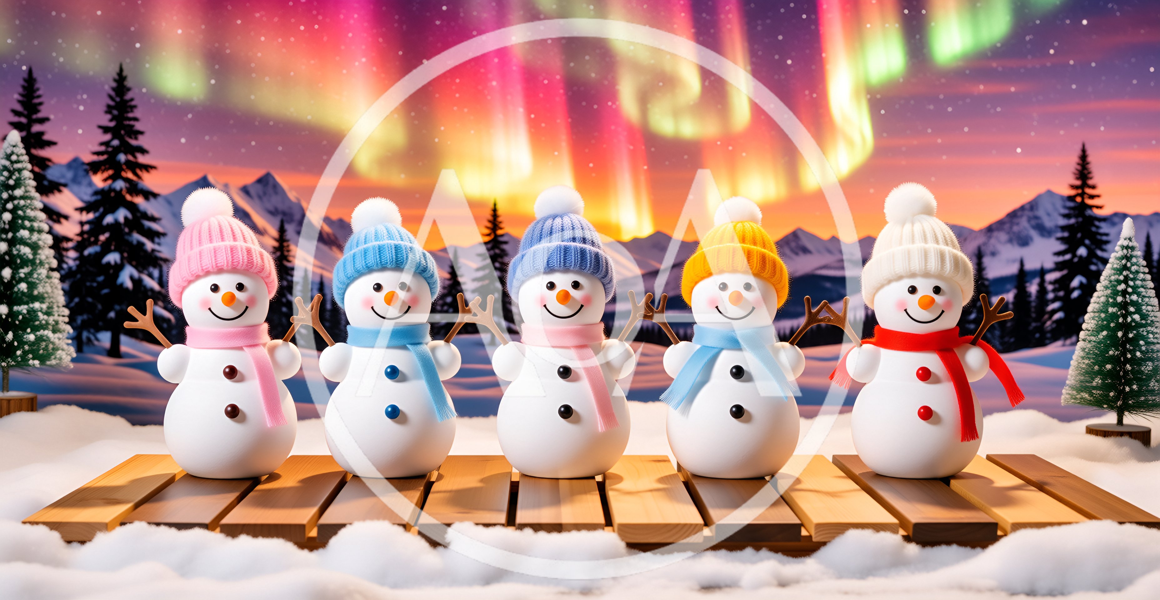 Five Cute Snowmen Standing on a Wooden Platform