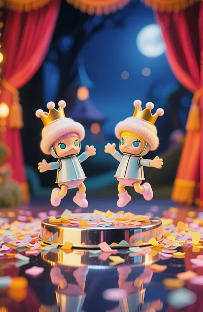 Two Cute Cartoon Characters Jumping On A Stage