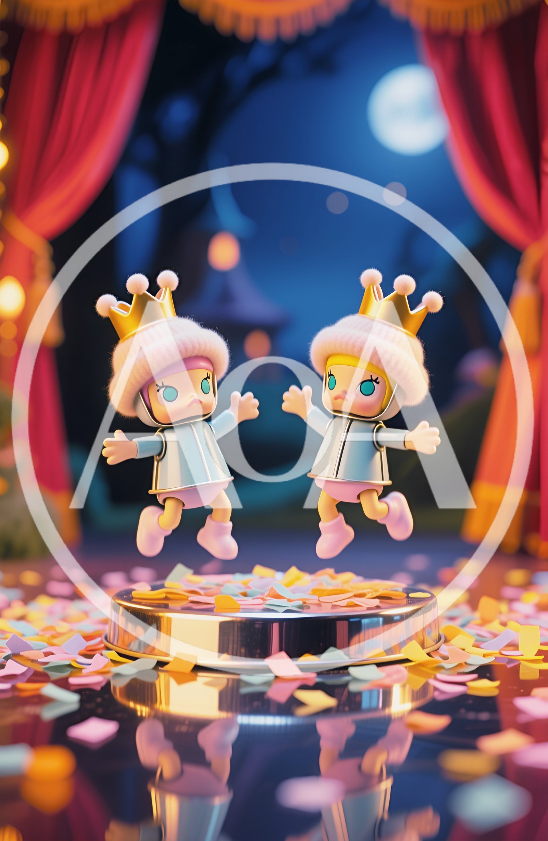 Two Cute Cartoon Characters Jumping On A Stage
