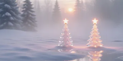 Two Glowing Glass Christmas Trees In Snowy Landscape