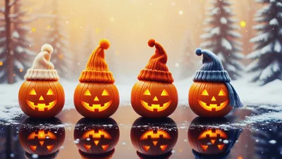 Four Jack O Lanterns Wearing Winter Hats