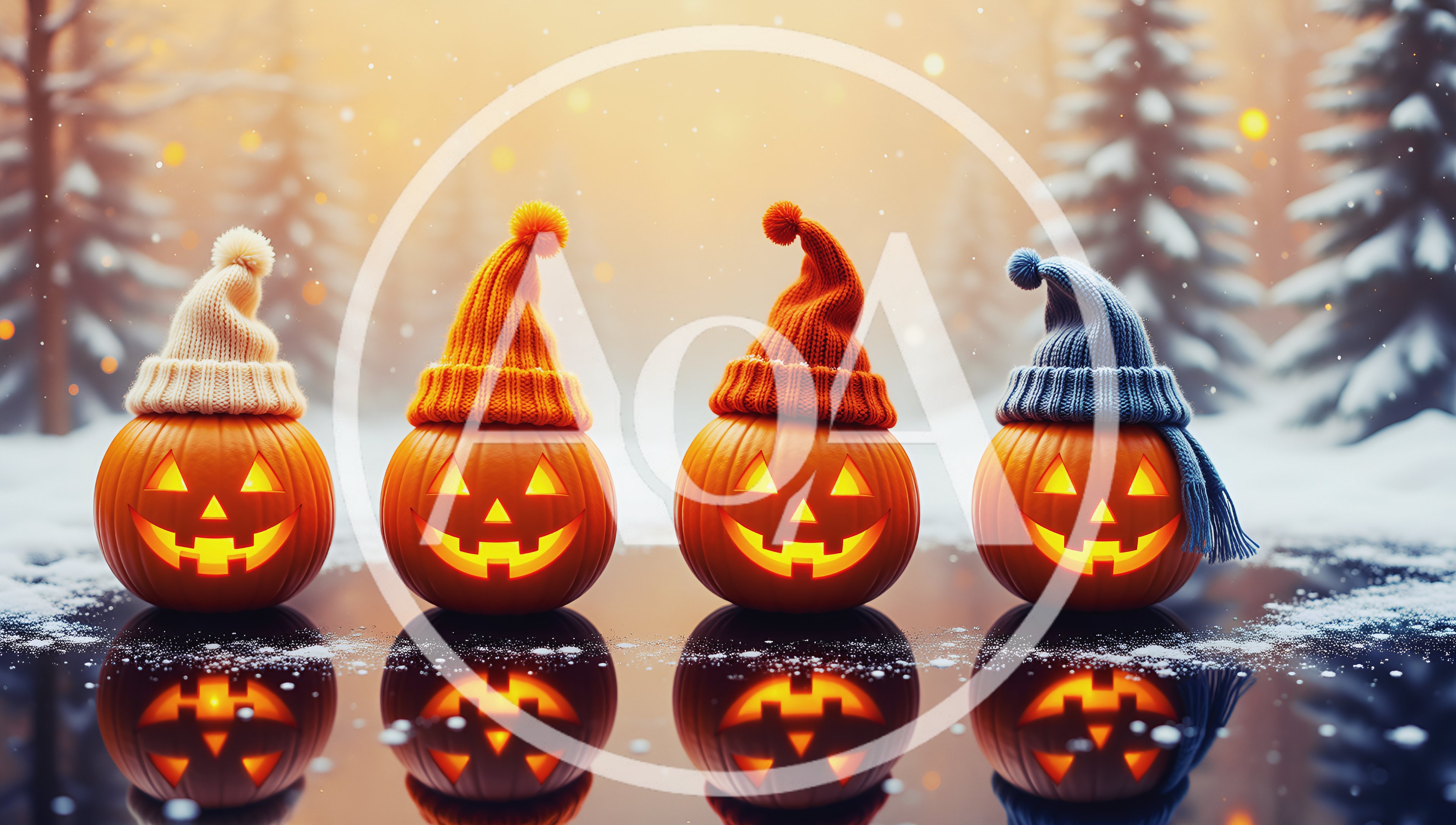 Four Jack O Lanterns Wearing Winter Hats