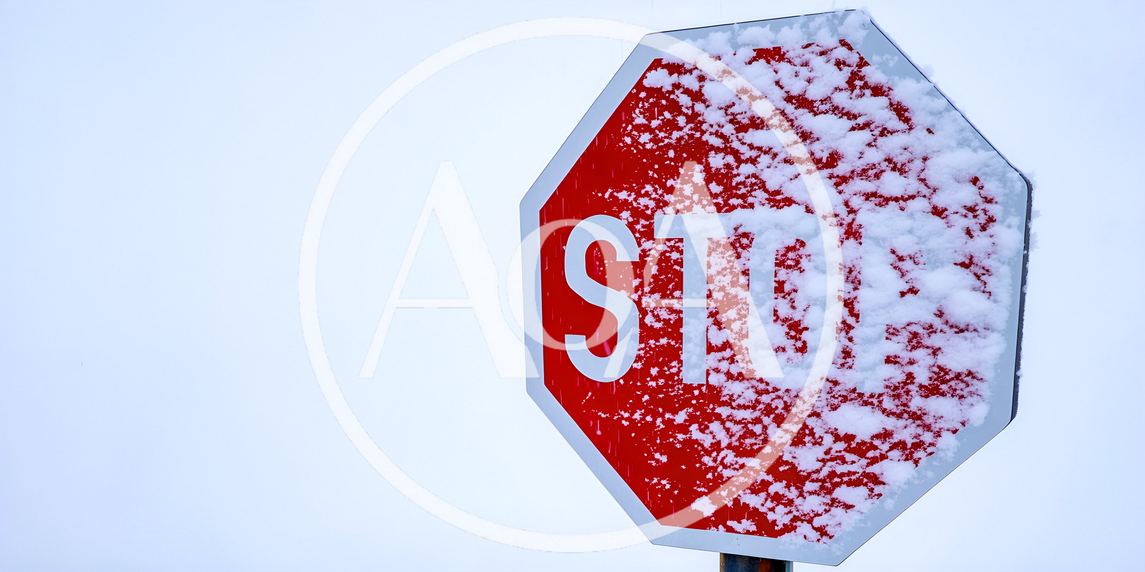Snow Covered Stop Sign Against A White Sky