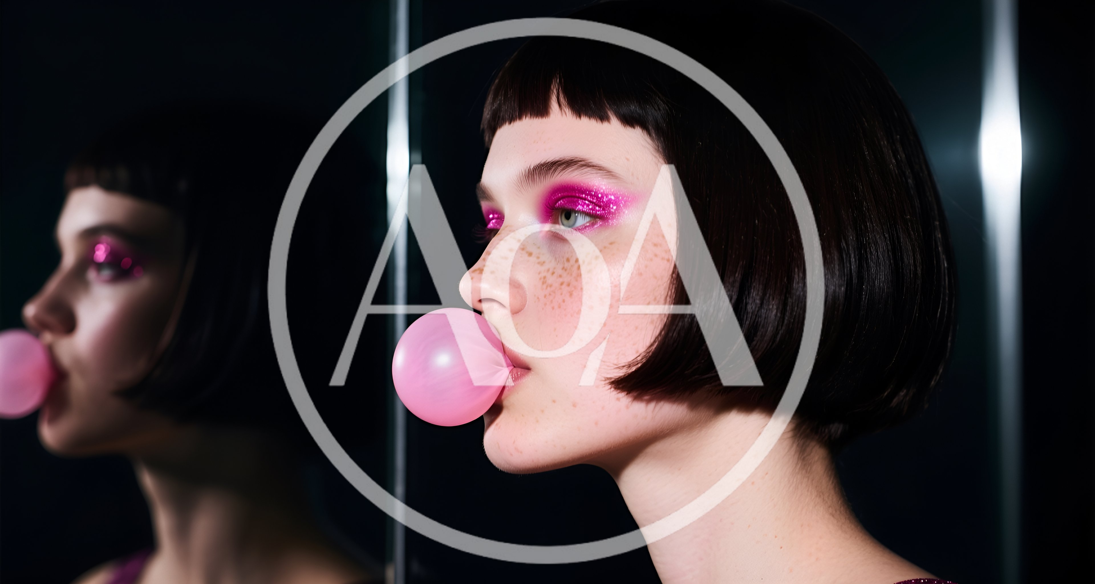 Young Woman With Glitter Makeup Blowing Pink Bubblegum