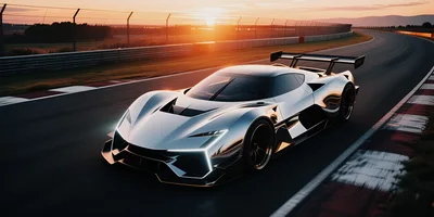 Silver Supercar Racing On A Track At Sunset