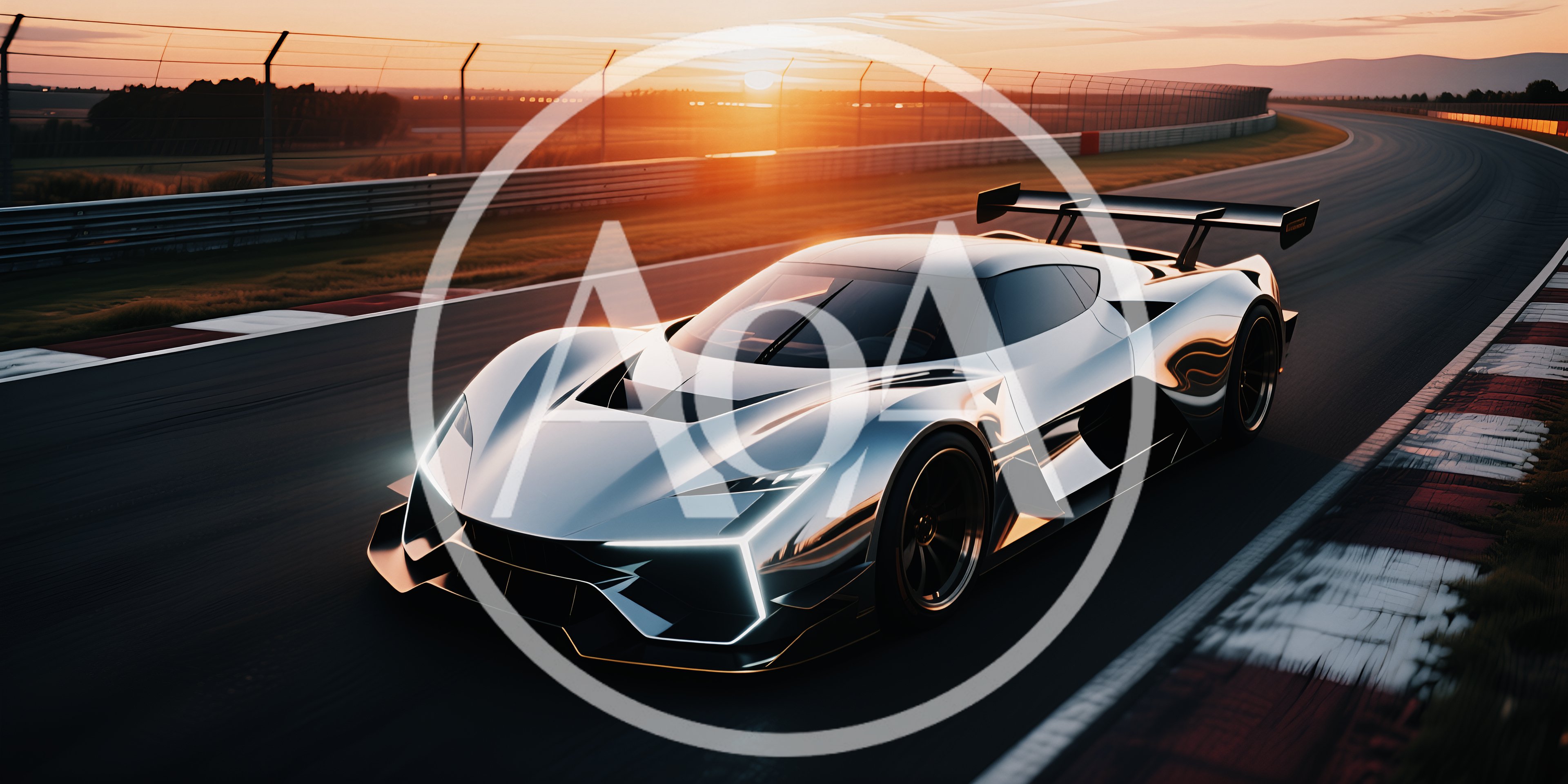 Silver Supercar Racing On A Track At Sunset