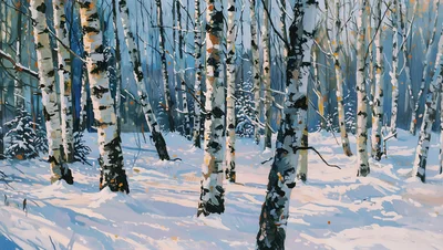 Winter Birch Forest Landscape Painting