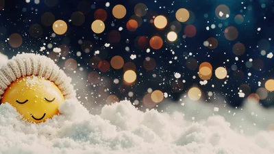 Yellow Smiley Face Ball Wearing Winter Hat In Snow