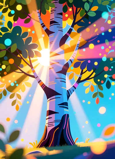 Vibrant Stylized Birch Tree In Radiant Sunlight