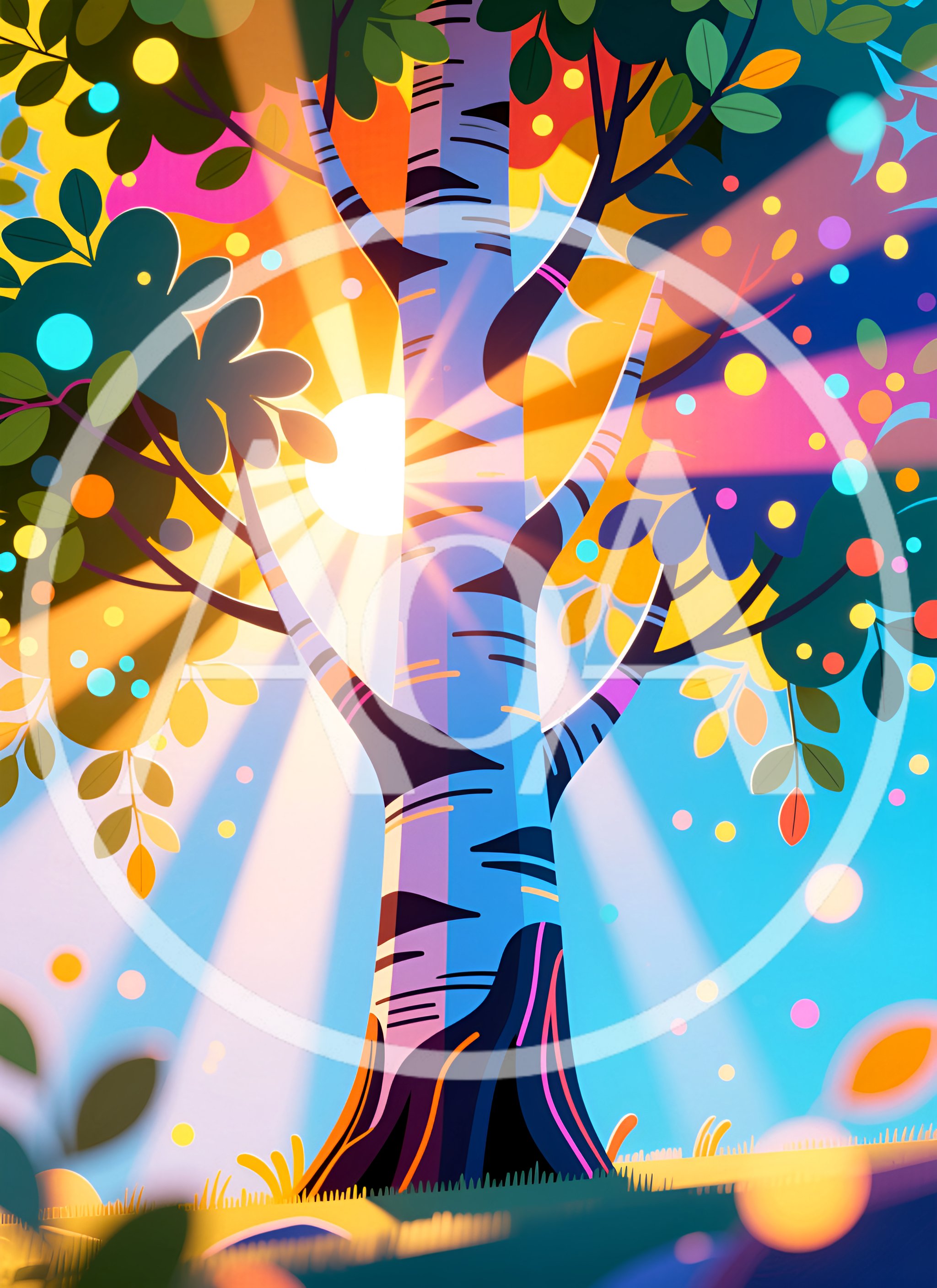 Vibrant Stylized Birch Tree In Radiant Sunlight