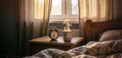 Steaming Coffee Mug And Alarm Clock On Bedside Table