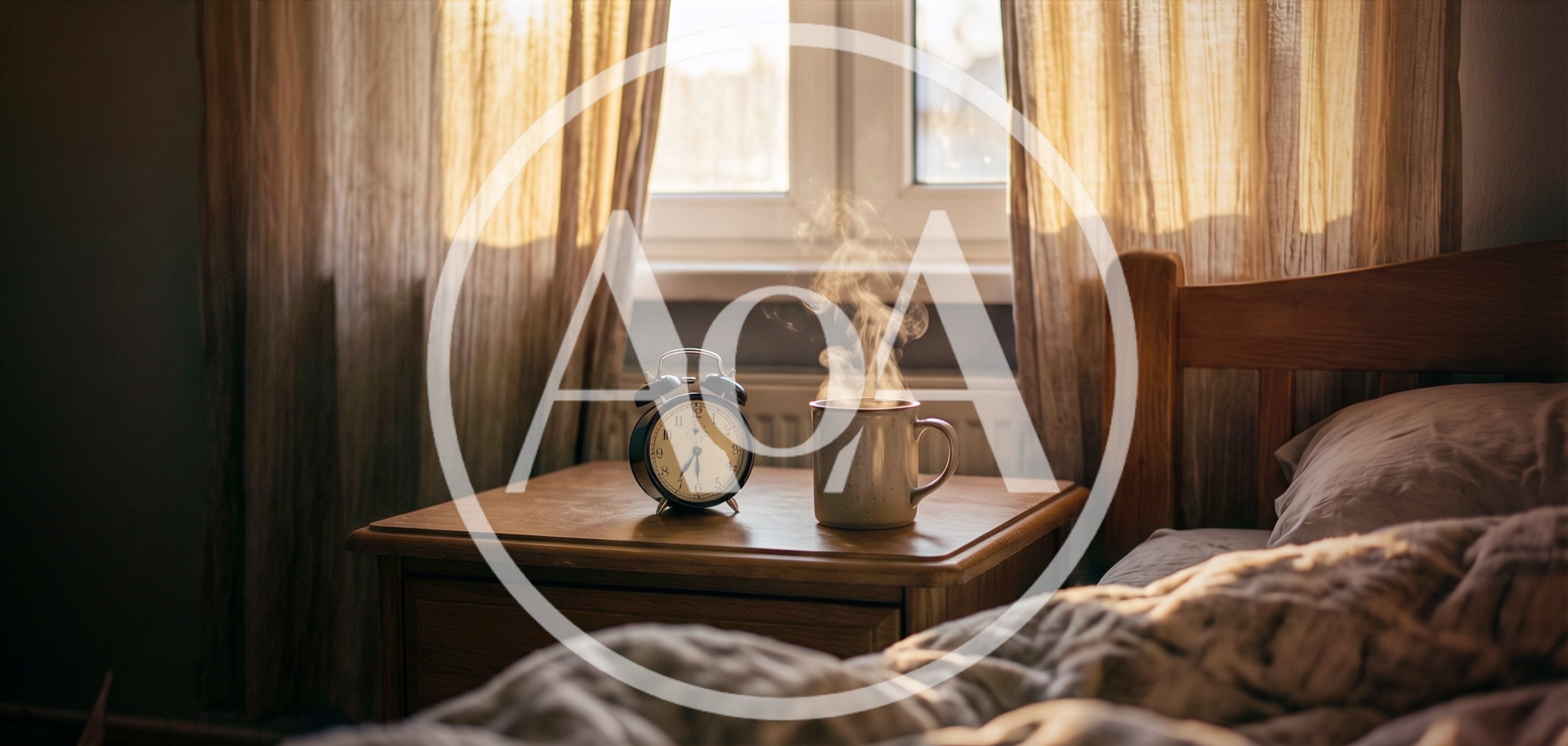 Steaming Coffee Mug And Alarm Clock On Bedside Table