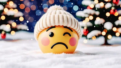 Winking Sad Emoji Wearing Winter Hat In Snow