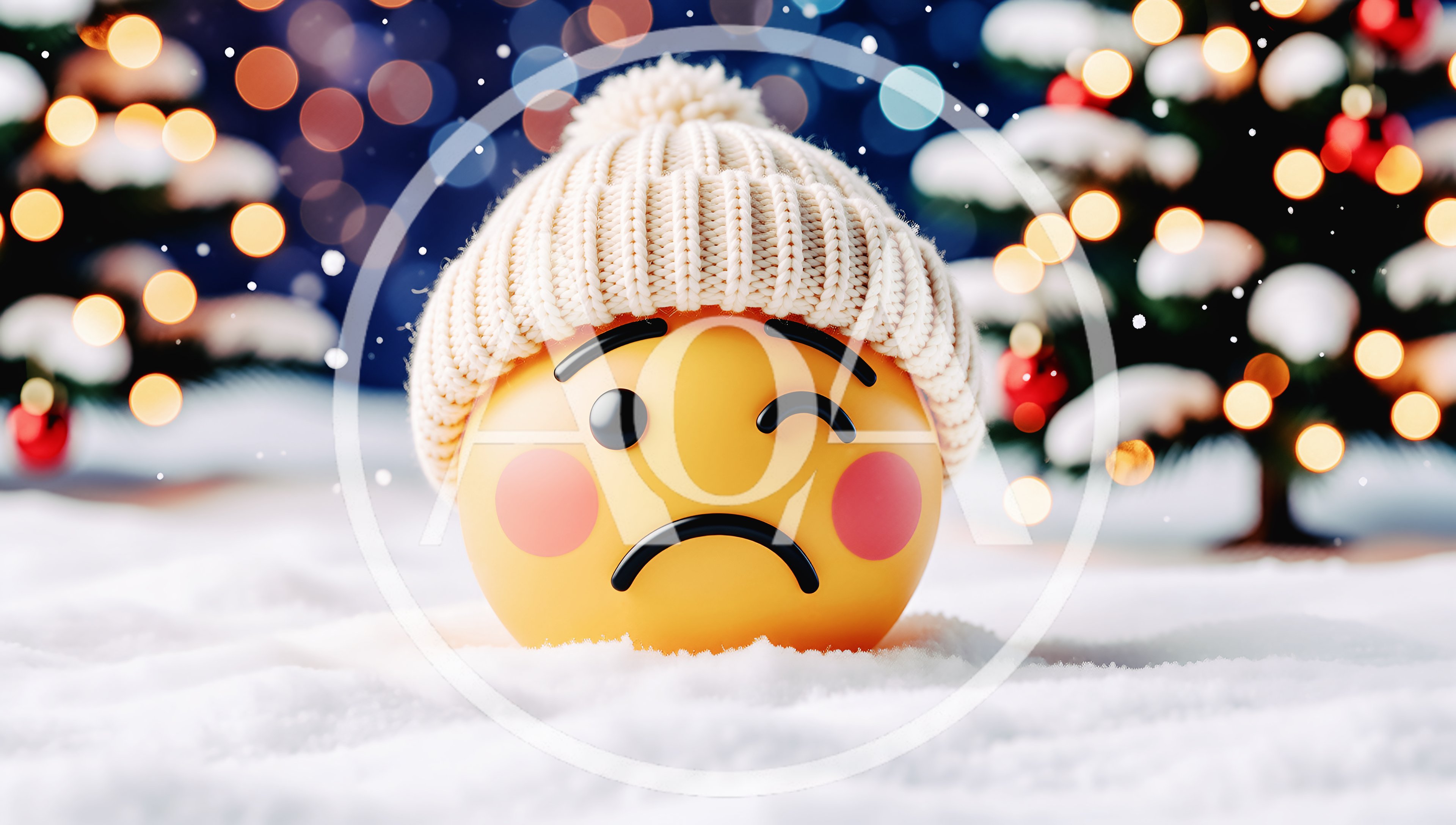 Winking Sad Emoji Wearing Winter Hat In Snow