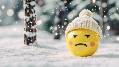 Sad Yellow Emoji Wearing A Winter Hat In Snow
