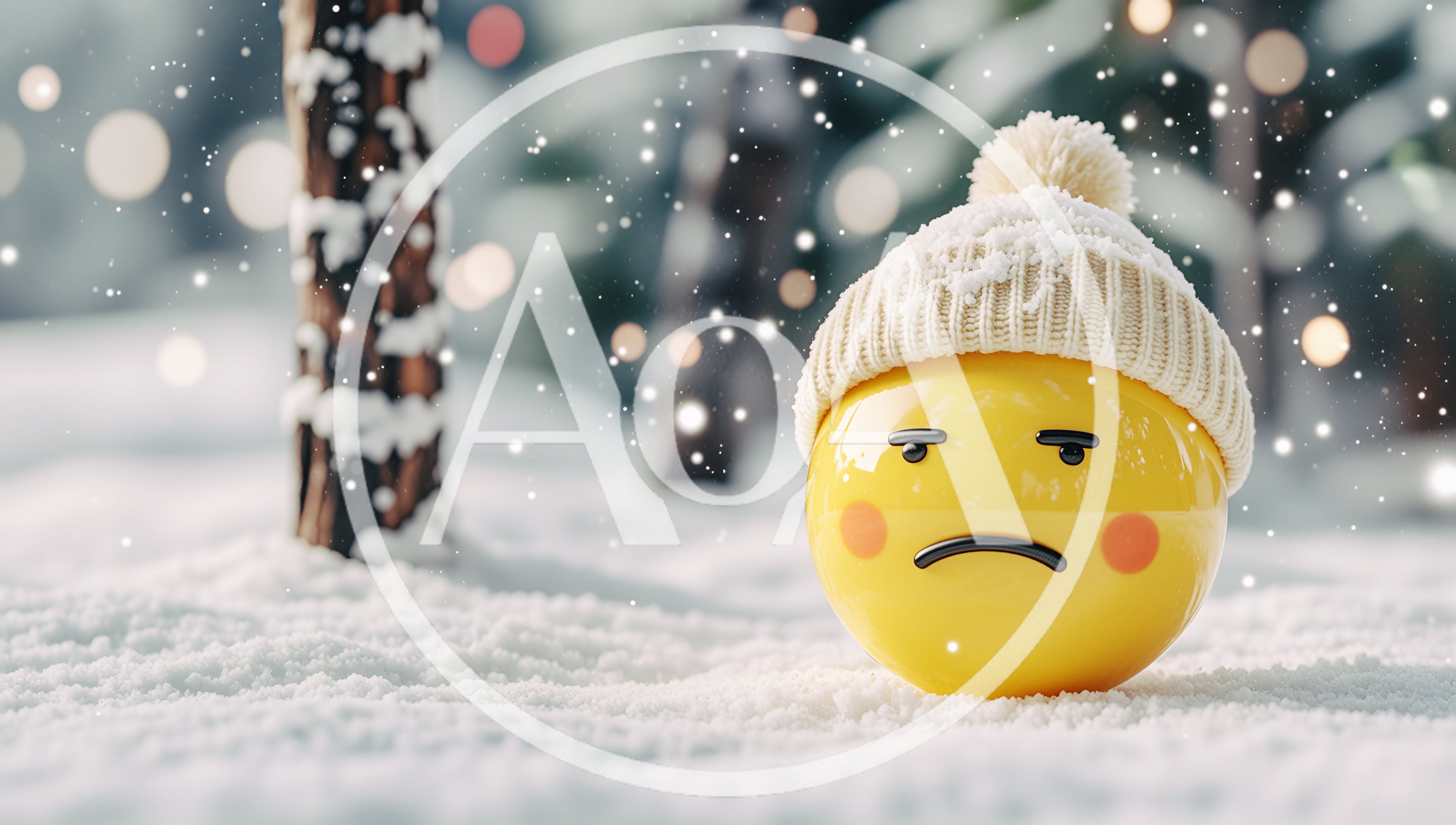 Sad Yellow Emoji Wearing A Winter Hat In Snow
