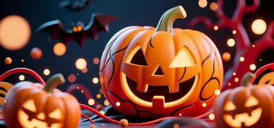 3D Rendered Halloween Jack O Lanterns With Bats
