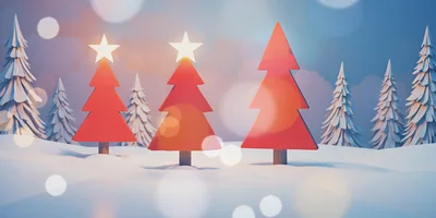 Stylized Red Christmas Trees In Snowy Landscape