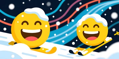 Happy Yellow Emoji Characters Skiing Down Snowy Slope