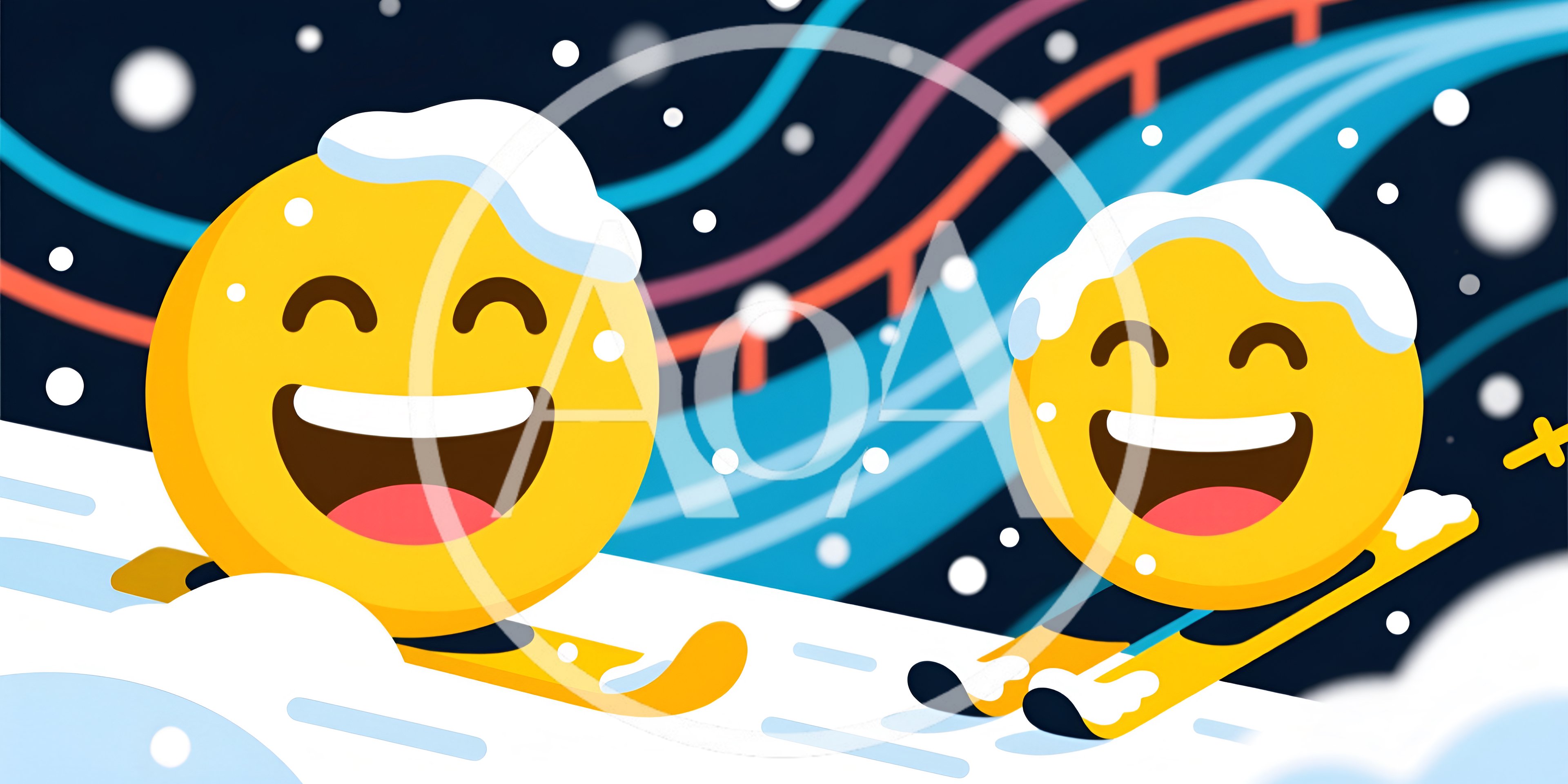 Happy Yellow Emoji Characters Skiing Down Snowy Slope