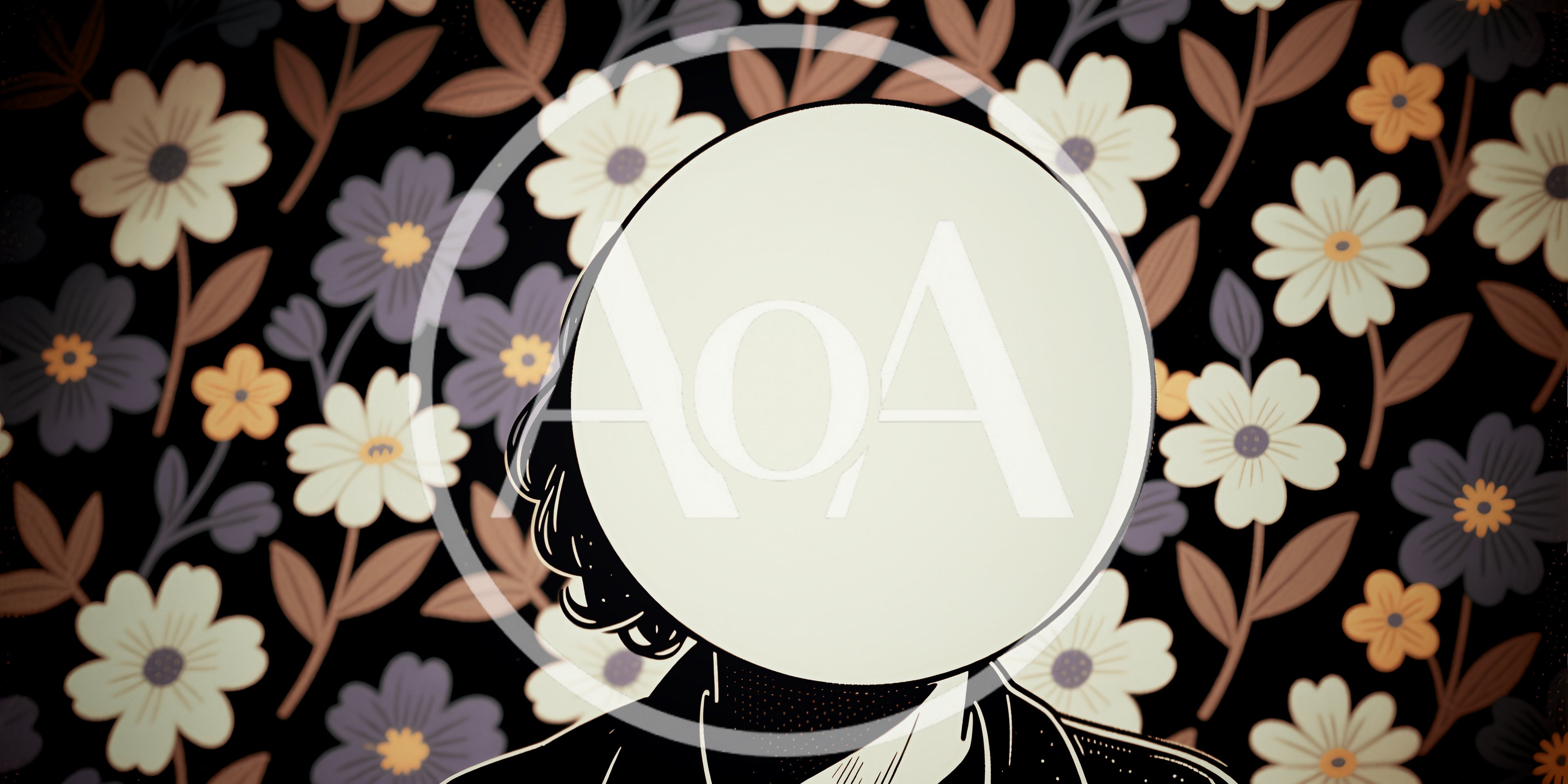 Faceless Person With Blank Circular Head Against Floral Wallpaper