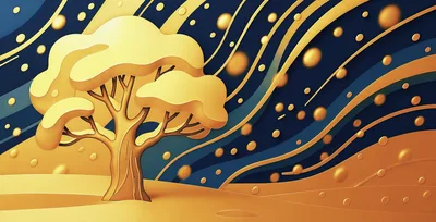 Stylized Golden Tree Against Abstract Dark Blue Background