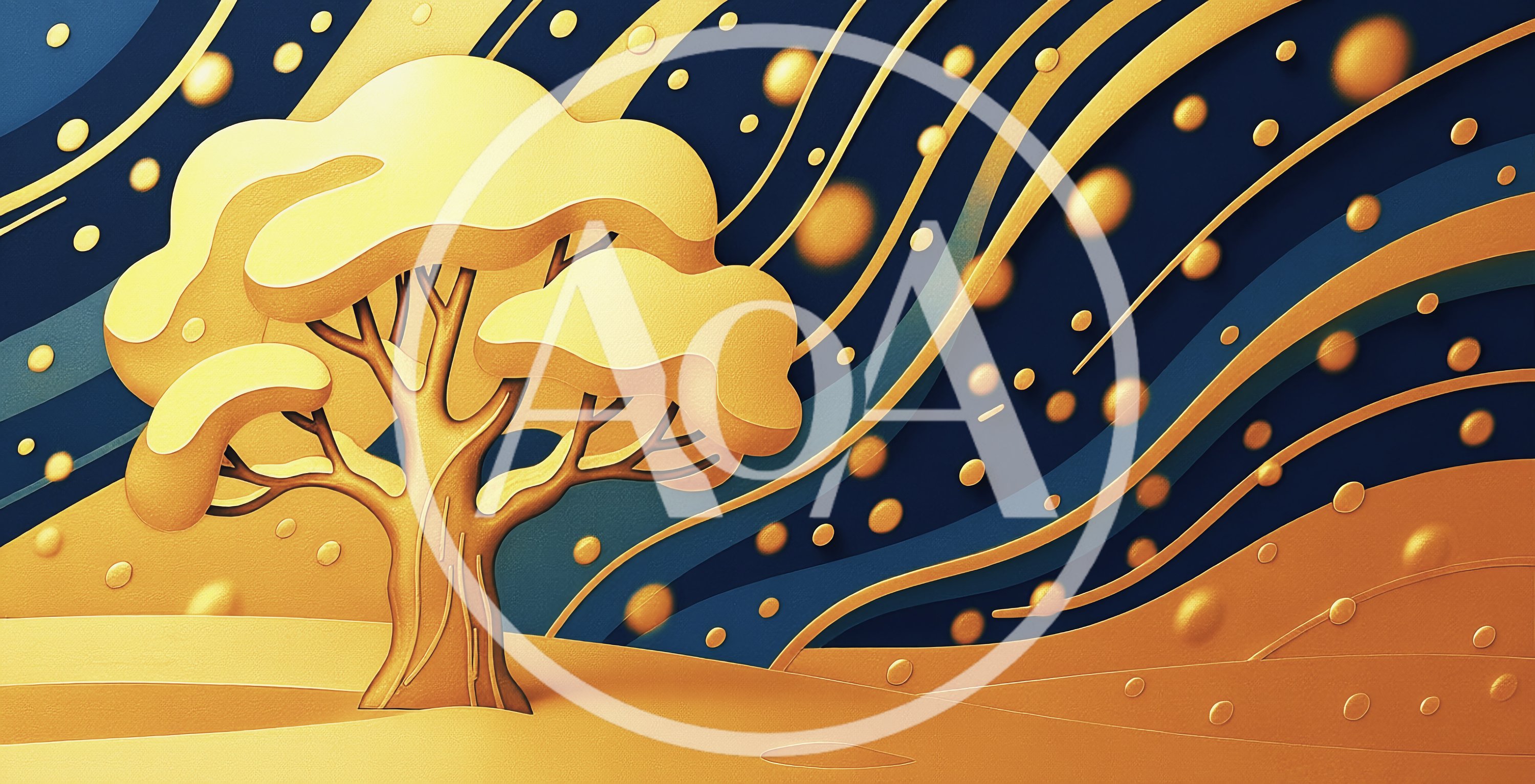 Stylized Golden Tree Against Abstract Dark Blue Background