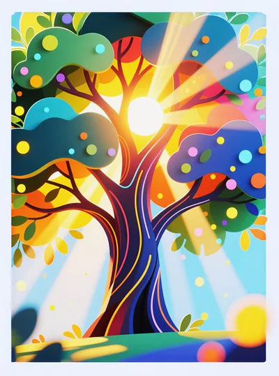 Abstract Colorful Tree With Radiant Sunbeams