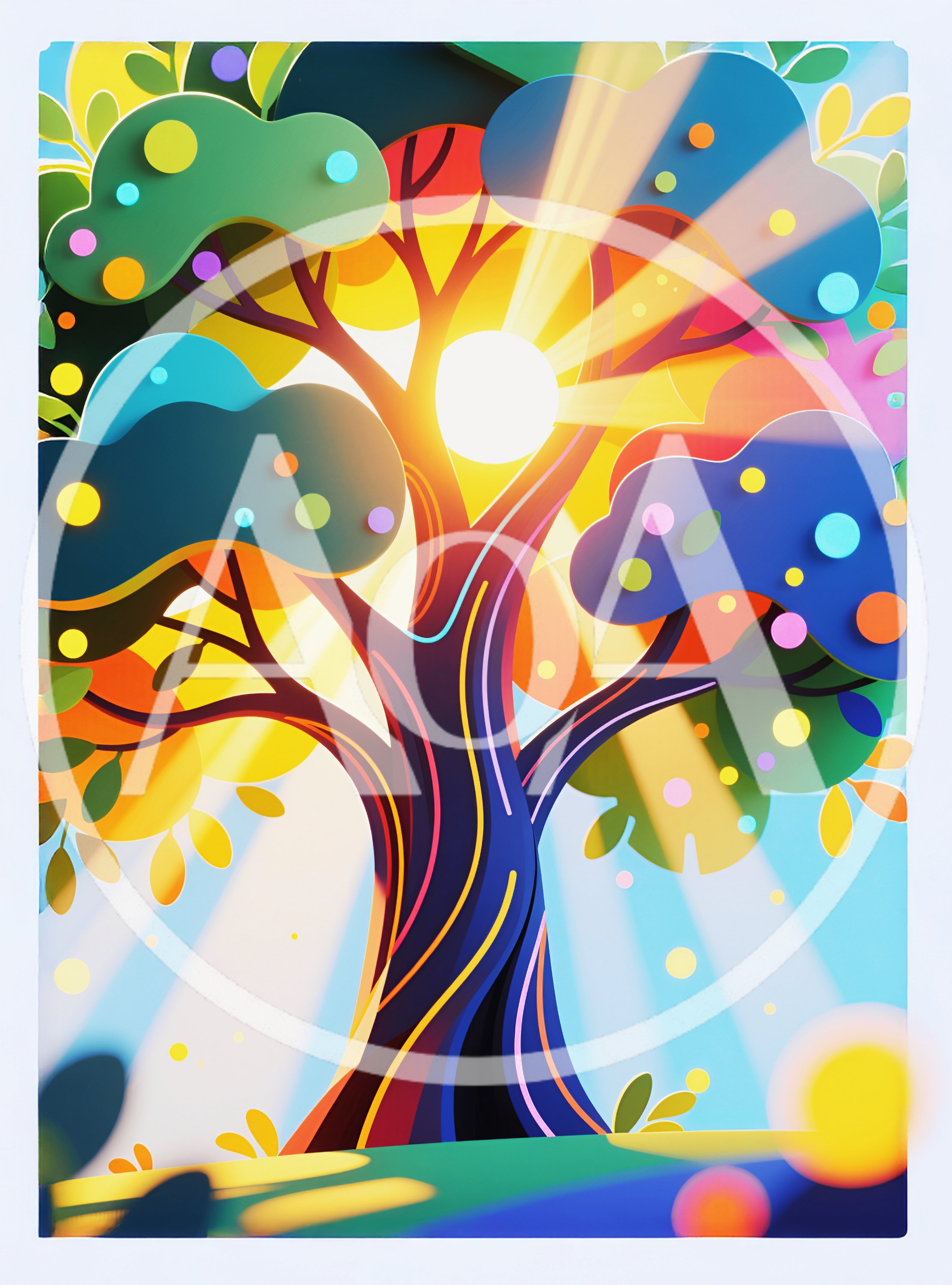 Abstract Colorful Tree With Radiant Sunbeams