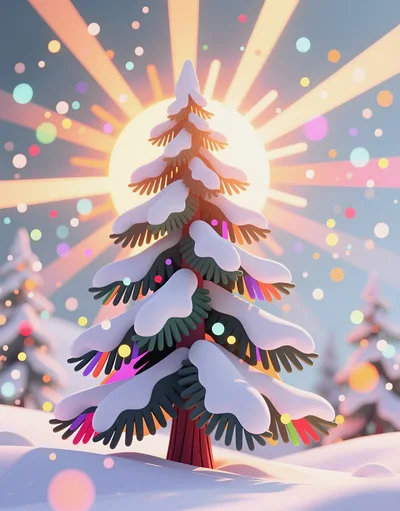 Stylized Snowy Pine Tree With Colorful Bokeh Lights