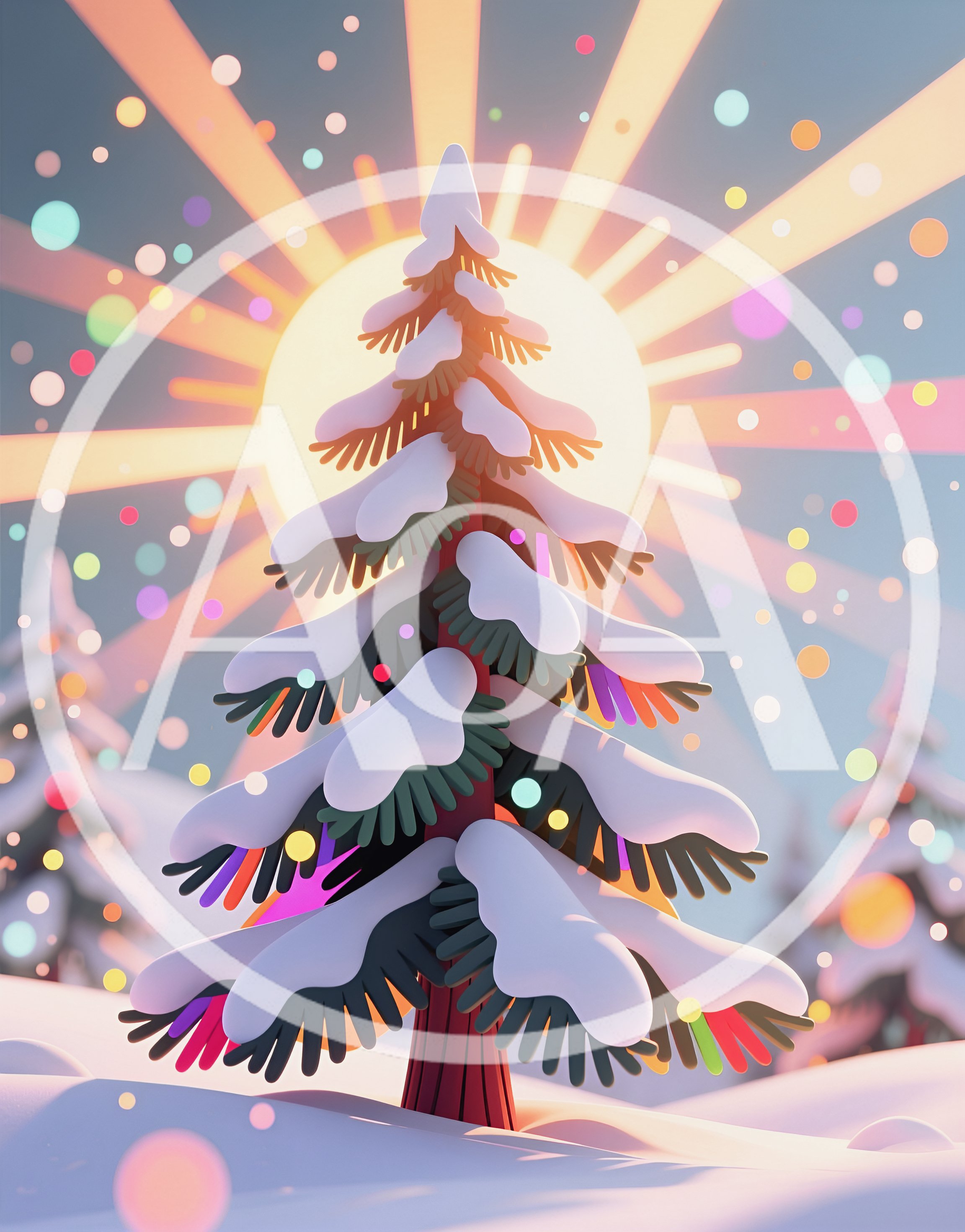 Stylized Snowy Pine Tree With Colorful Bokeh Lights