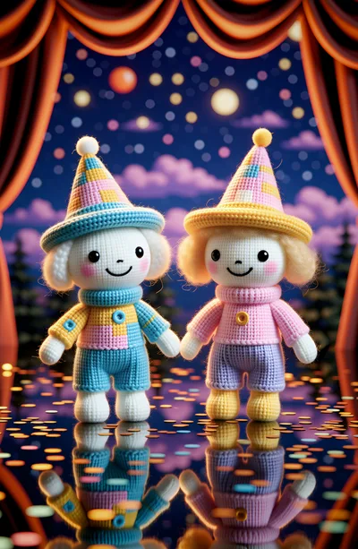 Two Cute Amigurumi Dolls Standing on a Reflective Stage