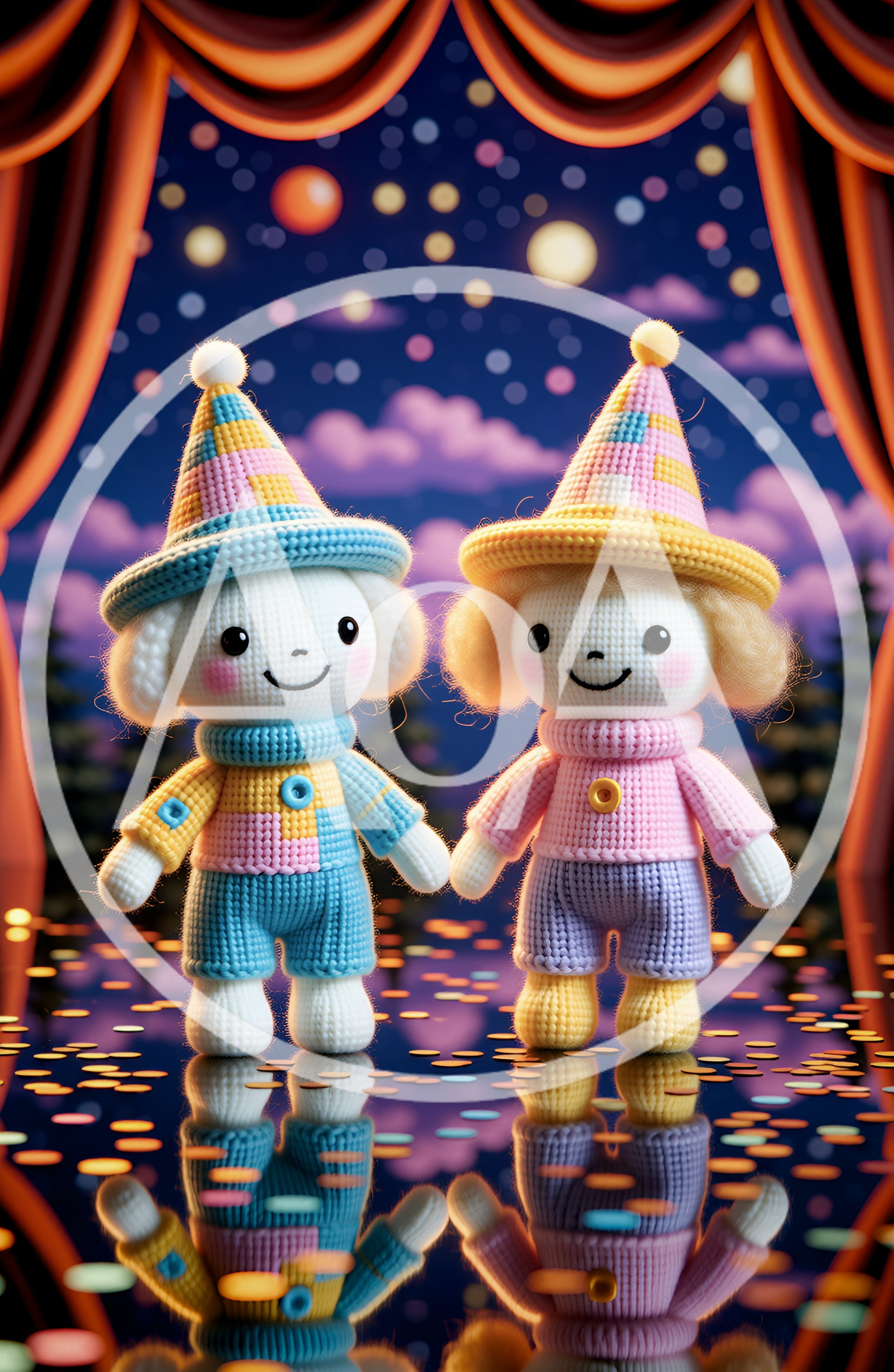 Two Cute Amigurumi Dolls Standing on a Reflective Stage