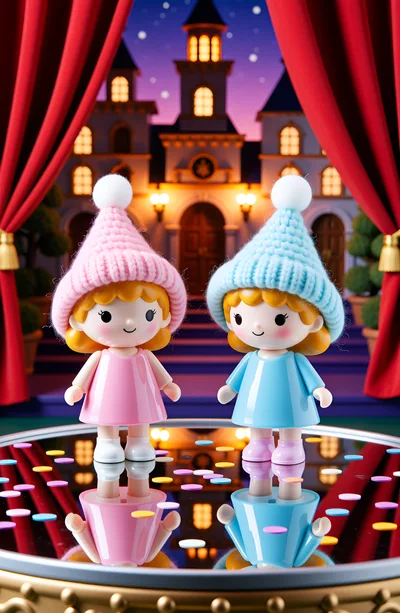 Two Cute Dolls Wearing Winter Hats On A Stage